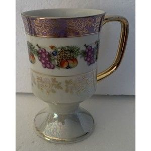 Vintage Japanese Coffee Cup Fruit Flower Footed Mug Large Gold Handle Trim Vtg